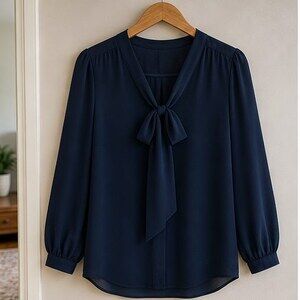 Navy Tie Neck Blouse